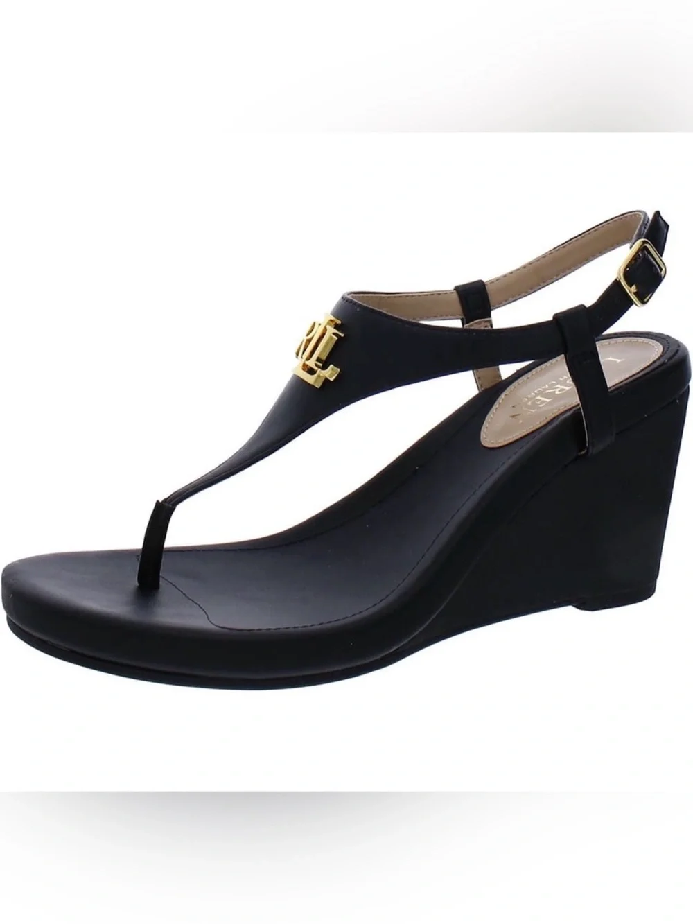 Ralph Lauren Woman’s Black Jeannie Wedge Thong Sandal 3inch heel size 8.5